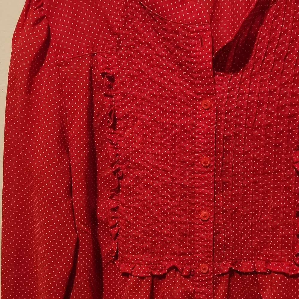 ❤ J CREW RED PINTUCK RUFFLE BIB BUTTON DOWN POLKA DOT TOP / SHIRT, 4 - Picture 4 of 10